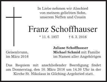 Traueranzeige von Franz Schoffhauser von merkurtz
