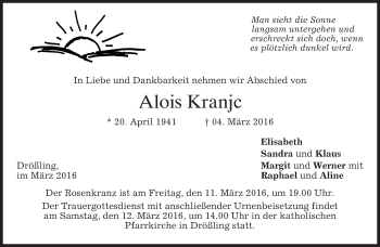 Traueranzeige von Alois Kranjc von merkurtz