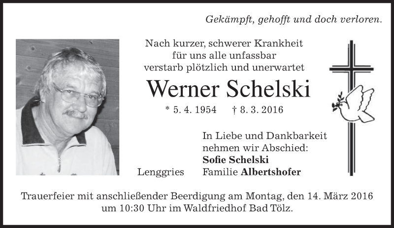  Traueranzeige für Werner Schelski vom 11.03.2016 aus merkurtz