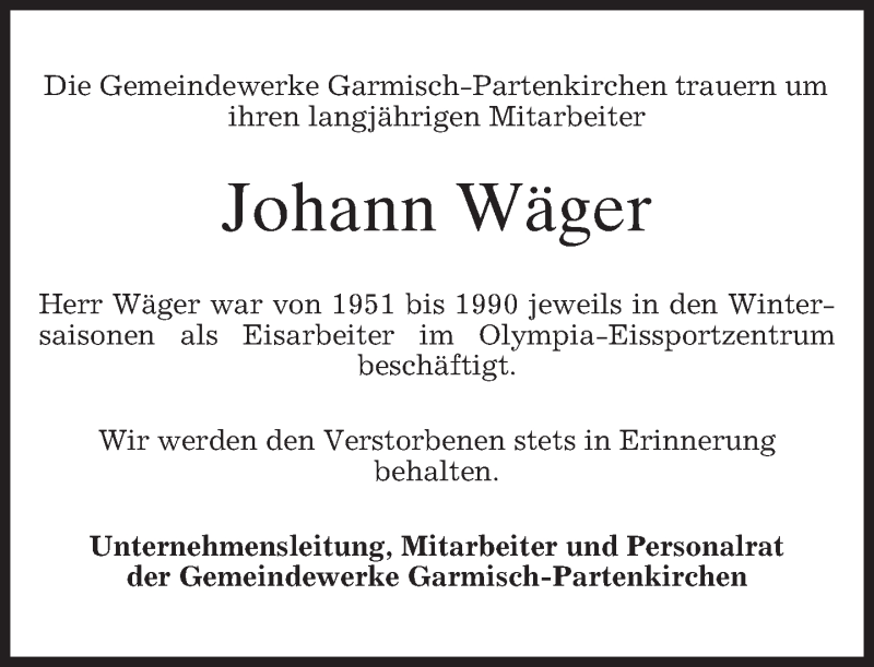  Traueranzeige für Johann Wäger vom 02.03.2016 aus merkurtz