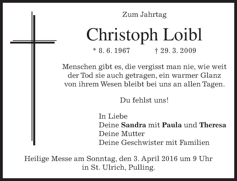  Traueranzeige für Christoph Loibl vom 29.03.2016 aus merkurtz