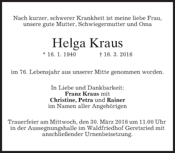 Traueranzeige von Helga Kraus von merkurtz