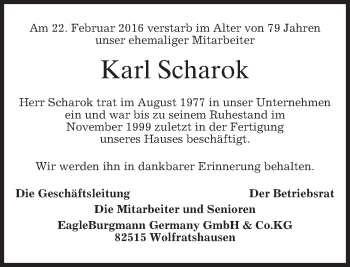 Traueranzeige von Karl Scharok von merkurtz