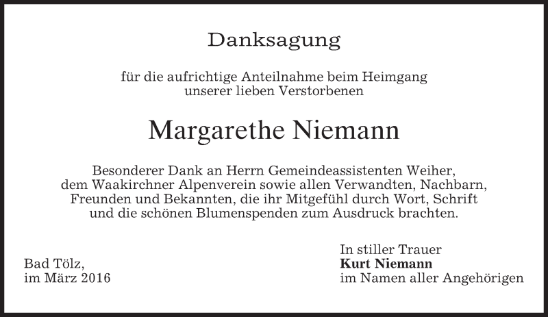  Traueranzeige für Margarethe Niemann vom 30.03.2016 aus merkurtz
