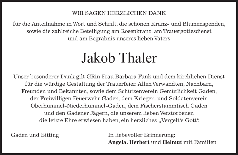  Traueranzeige für Jakob Thaler vom 07.03.2016 aus merkurtz