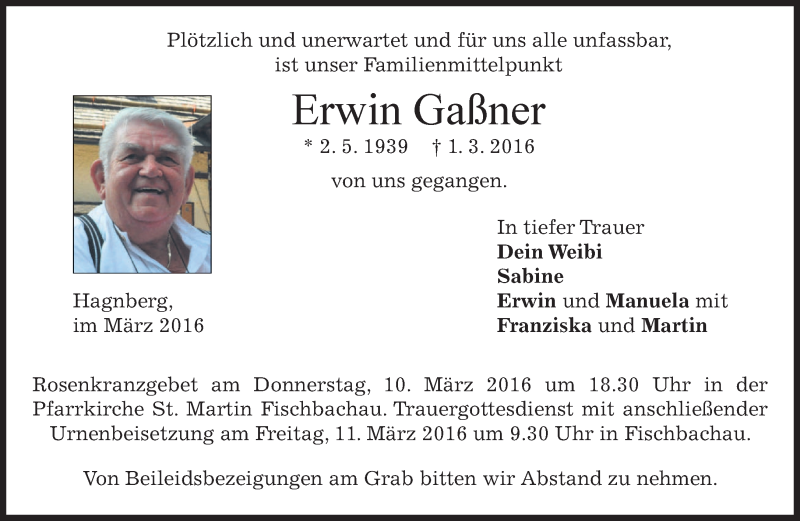  Traueranzeige für Erwin Gaßner vom 08.03.2016 aus merkurtz