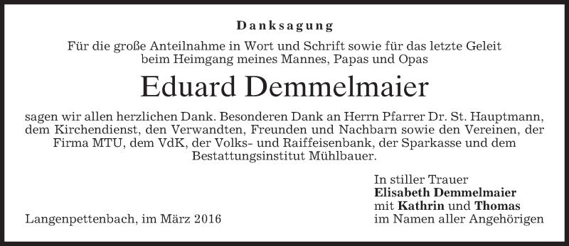  Traueranzeige für Eduard Demmelmaier vom 26.03.2016 aus merkurtz