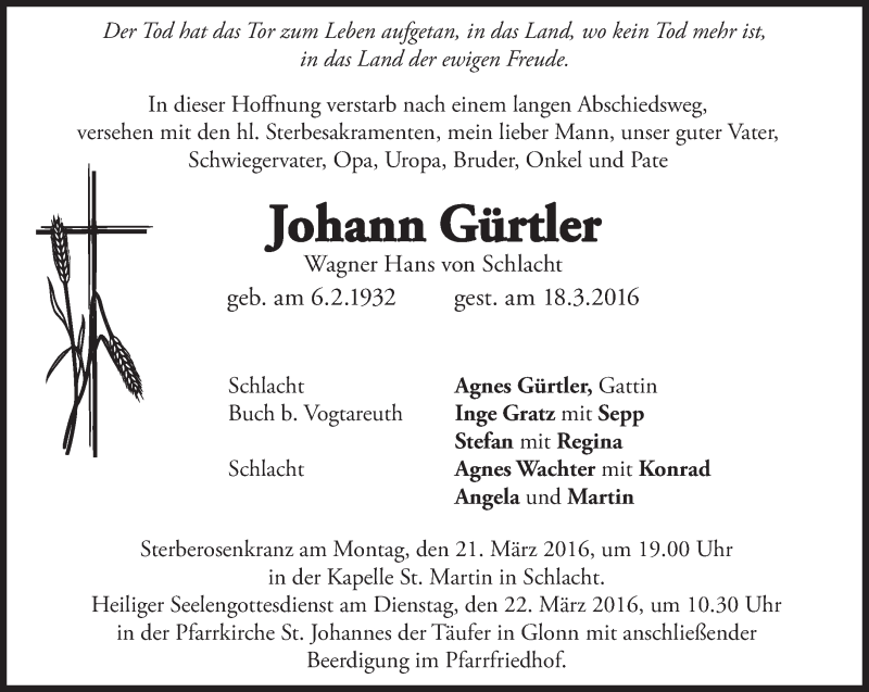 Traueranzeige für Johann Gürtler vom 19.03.2016 aus merkurtz