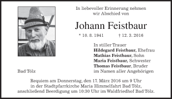 Traueranzeige von Johann Feistbaur von merkurtz