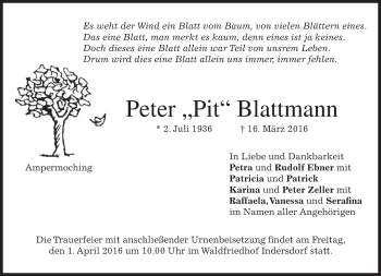 Traueranzeige von Peter Pit Blattmann von merkurtz