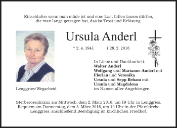 Traueranzeige von Ursula Anderl von merkurtz