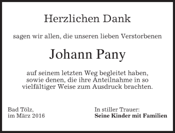Traueranzeige von Johann Pany von merkurtz
