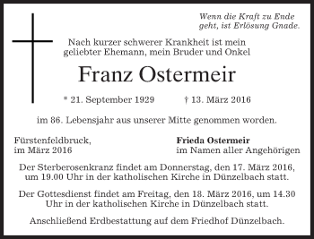 Traueranzeige von Franz Ostermeir von merkurtz