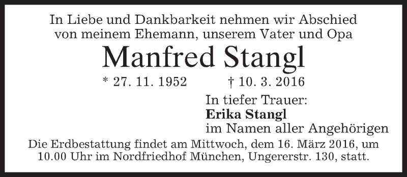  Traueranzeige für Manfred Stangl vom 12.03.2016 aus merkurtz