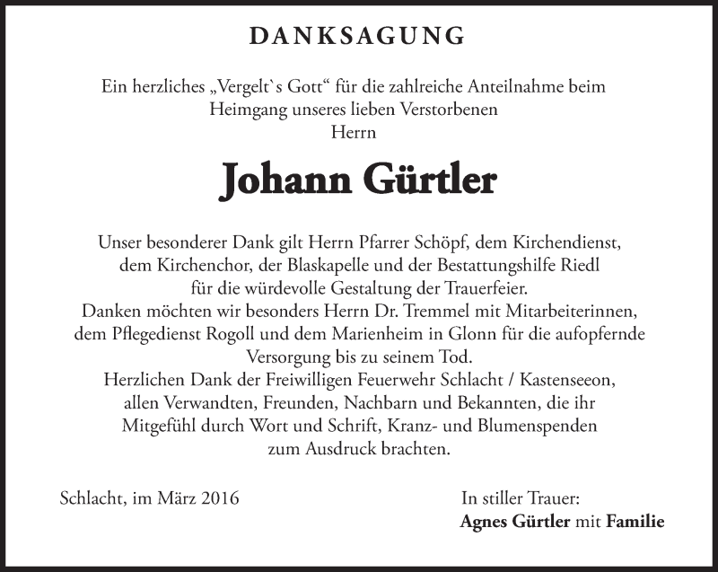  Traueranzeige für Johann Gürtler vom 26.03.2016 aus merkurtz