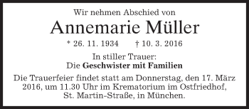 Traueranzeige von Annemarie Müller von merkurtz