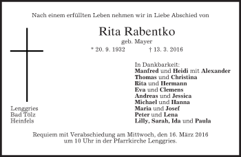 Traueranzeige von Rita Rabentko von merkurtz