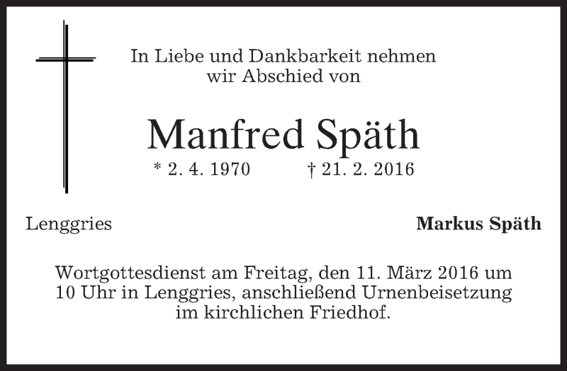  Traueranzeige für Manfred Späth vom 10.03.2016 aus merkurtz