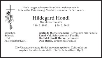 Traueranzeige von Hildegard Hondl von merkurtz