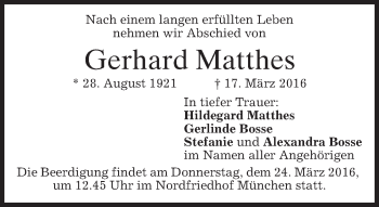 Traueranzeige von Gerhard Matthes von merkurtz