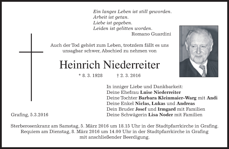  Traueranzeige für Heinrich Niederreiter vom 05.03.2016 aus merkurtz