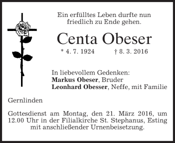 Traueranzeige von Centa Obeser von merkurtz