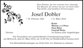 Traueranzeige von Josef Dobler von merkurtz