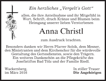 Traueranzeige von Anna Christl von merkurtz