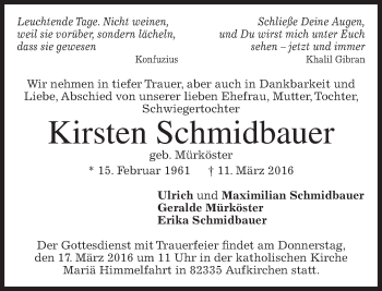 Traueranzeige von Kirsten Schmidbauer von merkurtz