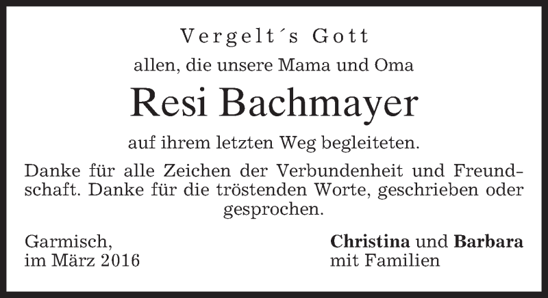  Traueranzeige für Resi Bachmayer vom 12.03.2016 aus merkurtz