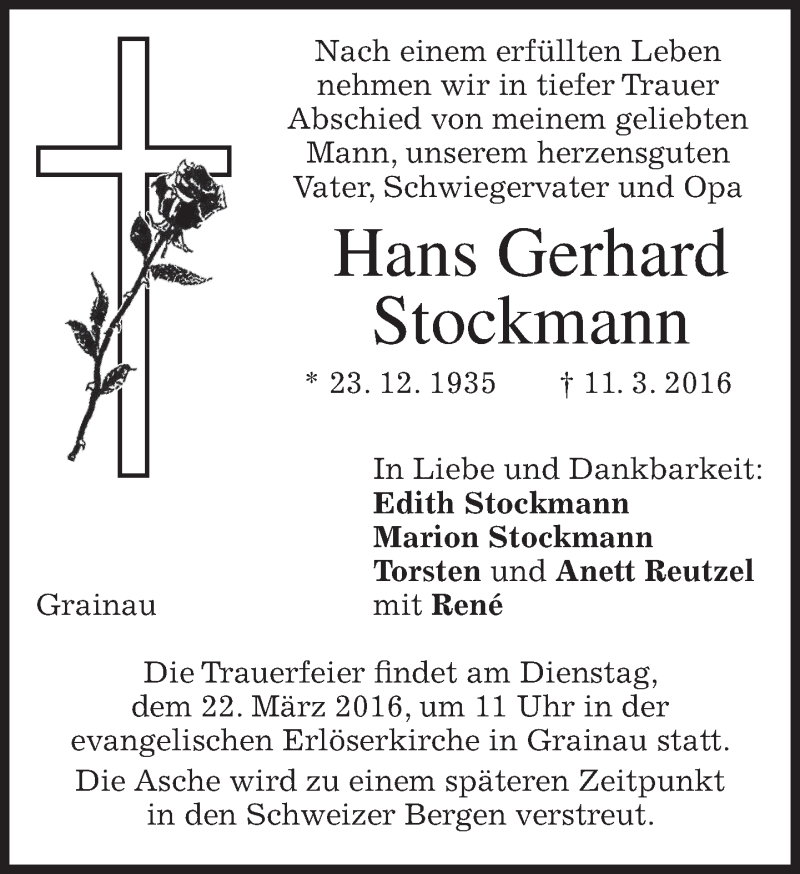  Traueranzeige für Hans Gerhard Stockmann vom 21.03.2016 aus merkurtz