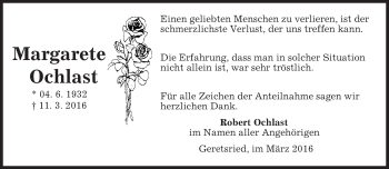 Traueranzeige von Margarete Ochlast von merkurtz