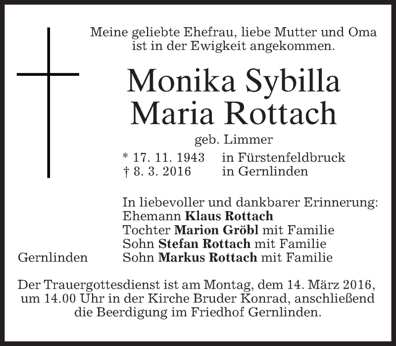  Traueranzeige für Monika Sybilla Maria Rottach vom 12.03.2016 aus merkurtz