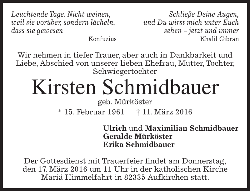  Traueranzeige für Kirsten Schmidbauer vom 15.03.2016 aus merkurtz