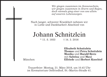 Traueranzeige von Johann Schnitzlein von merkurtz
