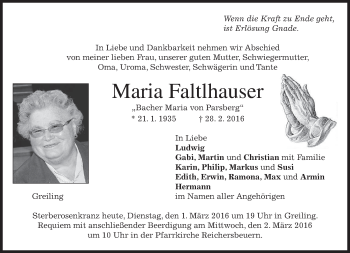 Traueranzeige von Maria Faltlhauser von merkurtz