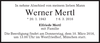 Traueranzeige von Werner Mertl von merkurtz