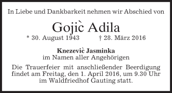 Traueranzeige von Gojic Adila von merkurtz