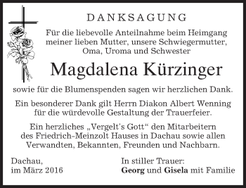Traueranzeige von Magdalena Kürzinger von merkurtz