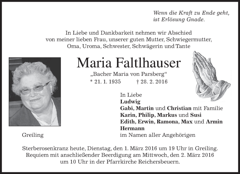  Traueranzeige für Maria Faltlhauser vom 01.03.2016 aus merkurtz
