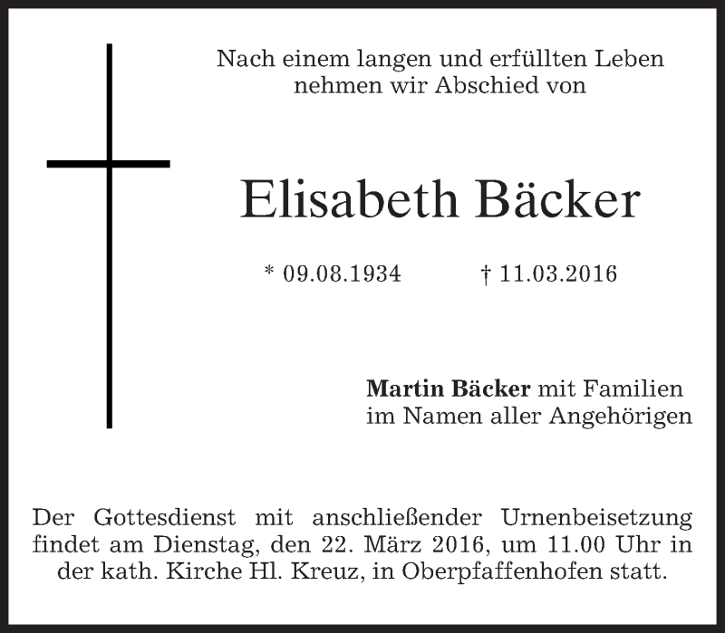  Traueranzeige für Elisabeth Bäcker vom 19.03.2016 aus merkurtz