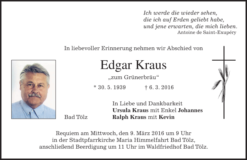  Traueranzeige für Edgar Kraus vom 08.03.2016 aus merkurtz