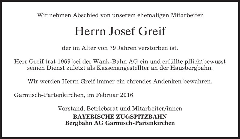  Traueranzeige für Josef Greif vom 01.03.2016 aus merkurtz