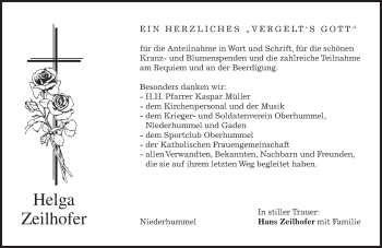 Traueranzeige von Helga Zeilhofer von merkurtz