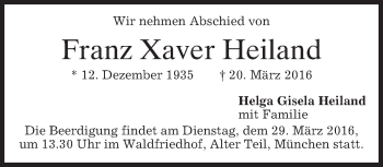 Traueranzeige von Franz Xaver Heiland von merkurtz