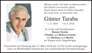 Traueranzeige von Günter Taraba von merkurtz