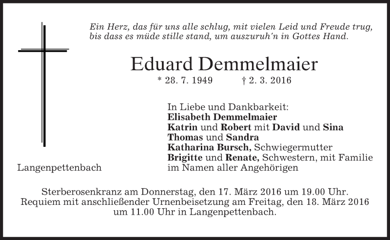  Traueranzeige für Eduard Demmelmaier vom 15.03.2016 aus merkurtz