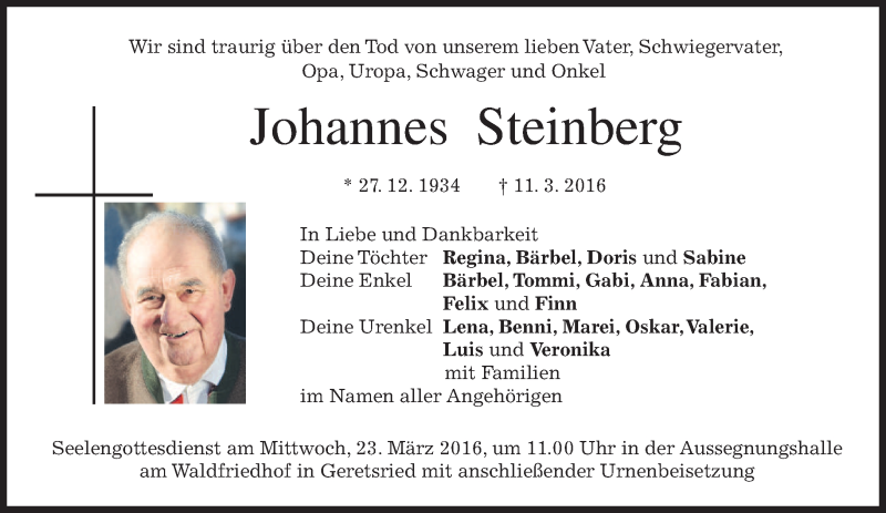  Traueranzeige für Johannes Steinberg vom 16.03.2016 aus merkurtz