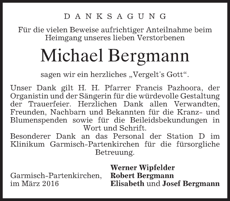  Traueranzeige für Michael Bergmann vom 19.03.2016 aus merkurtz