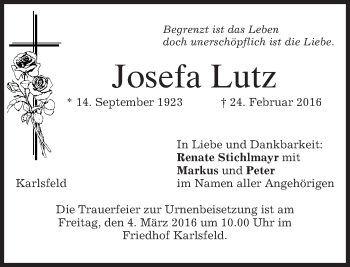 Traueranzeige von Josefa Lutz von merkurtz